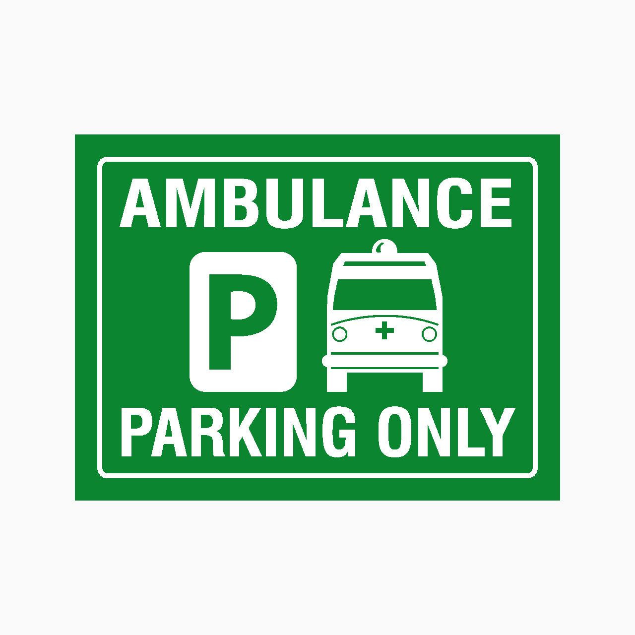 Green sign with white text and icon of an ambulance, indicating 'Ambulance Parking Only'.