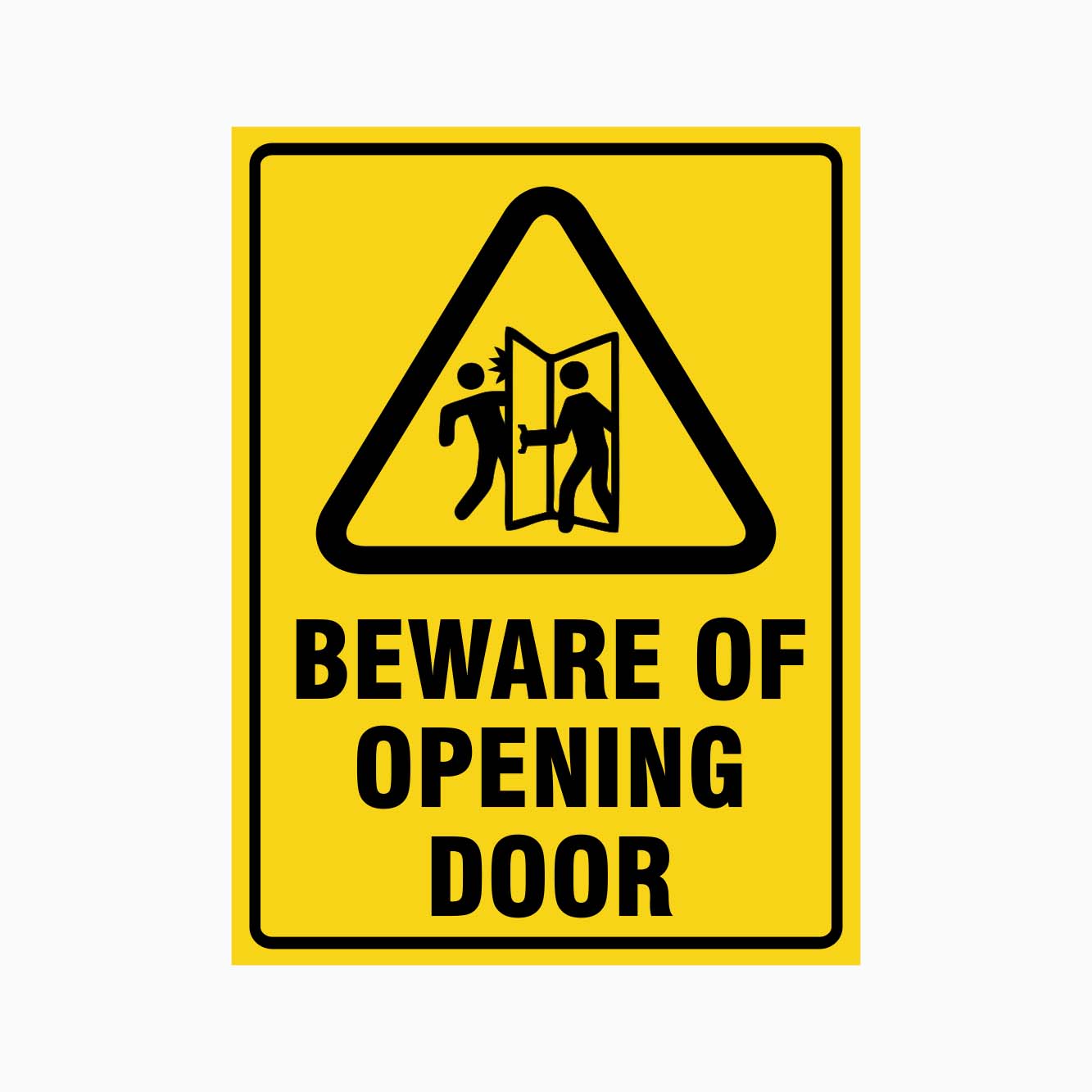 A yellow sign with a black graphic of a person running and text that reads 'BEWARE OF OPENING DOOR'.