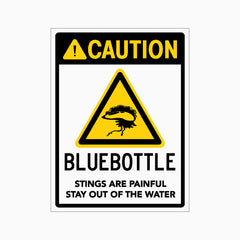 CAUTION BLUEBOTTLE STINGS ARE PAINFUL STAY OUT OF THE WATER SIGN