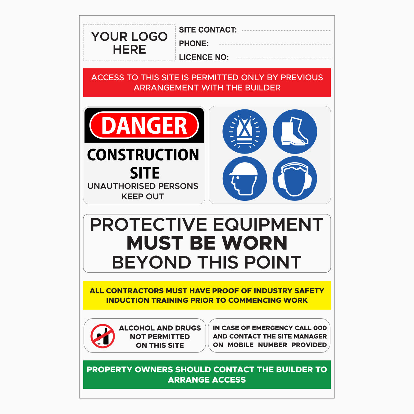 CONSTRUCTION SITE ENTRY BUILDING SIGN - CUSTOM LOGO AND DETAILS