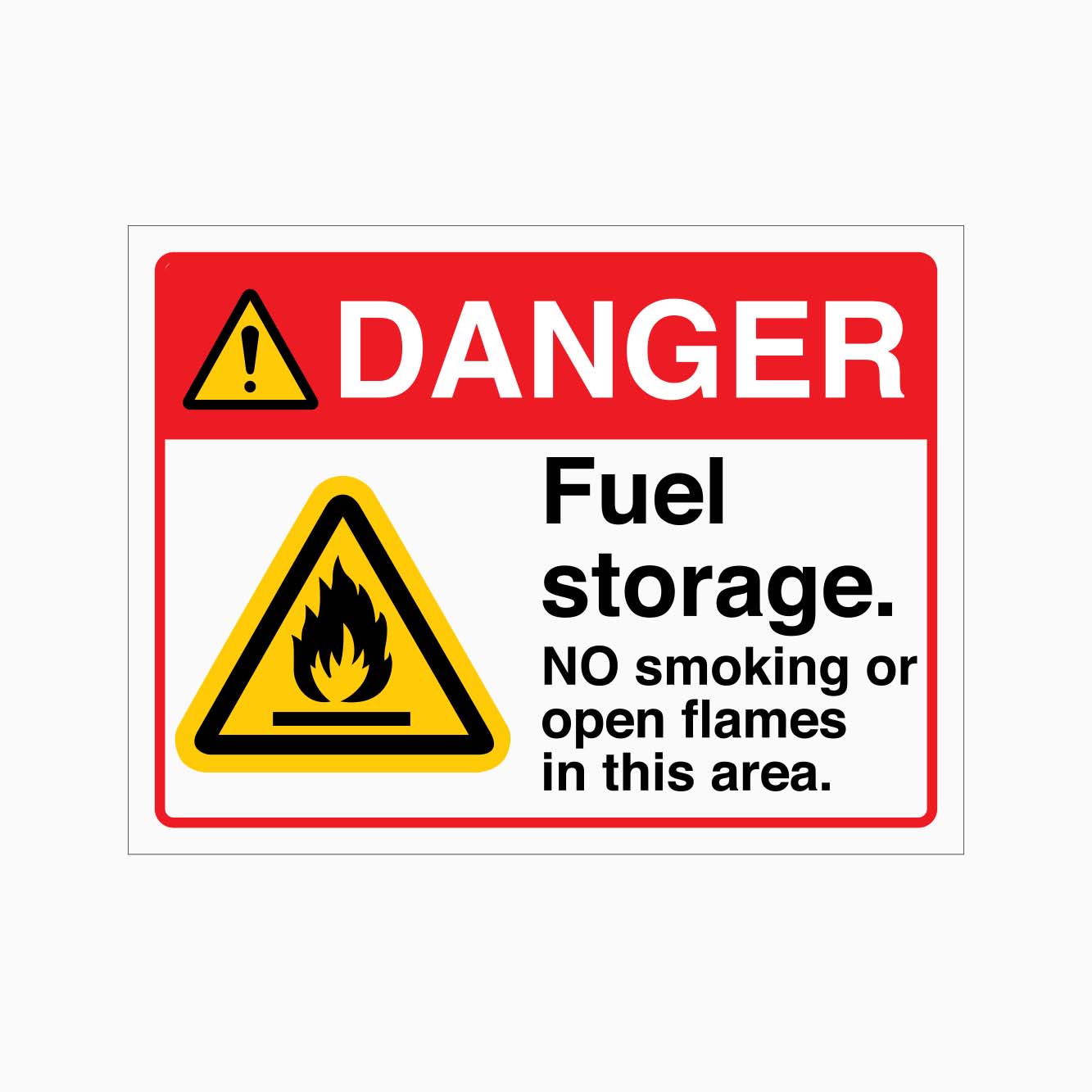 DANGER FUEL STORAGE NO SMOKING OR OPEN FLAMES IN THIS AREA SIGN