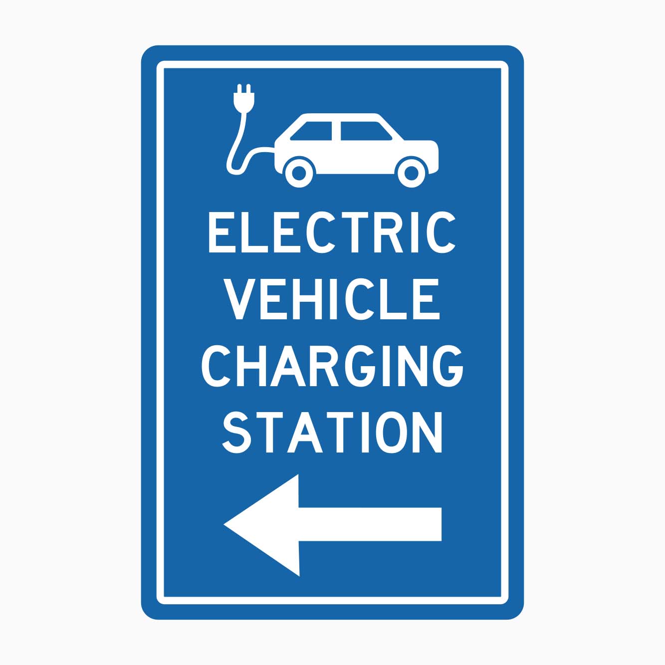 Blue sign with a white pictogram showing an electric vehicle charging station and a left-pointing arrow.