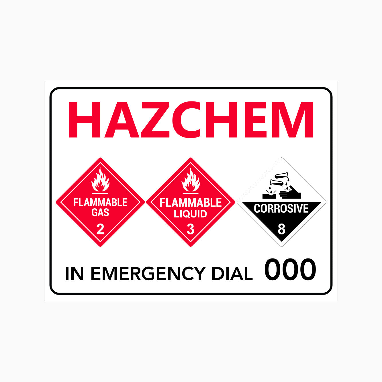 A warning sign with three hazard symbols and text indicating the presence of hazardous substances. The symbols are for flammable gas, flammable liquid, and corrosive, with a red background and a number 000 at the bottom.
