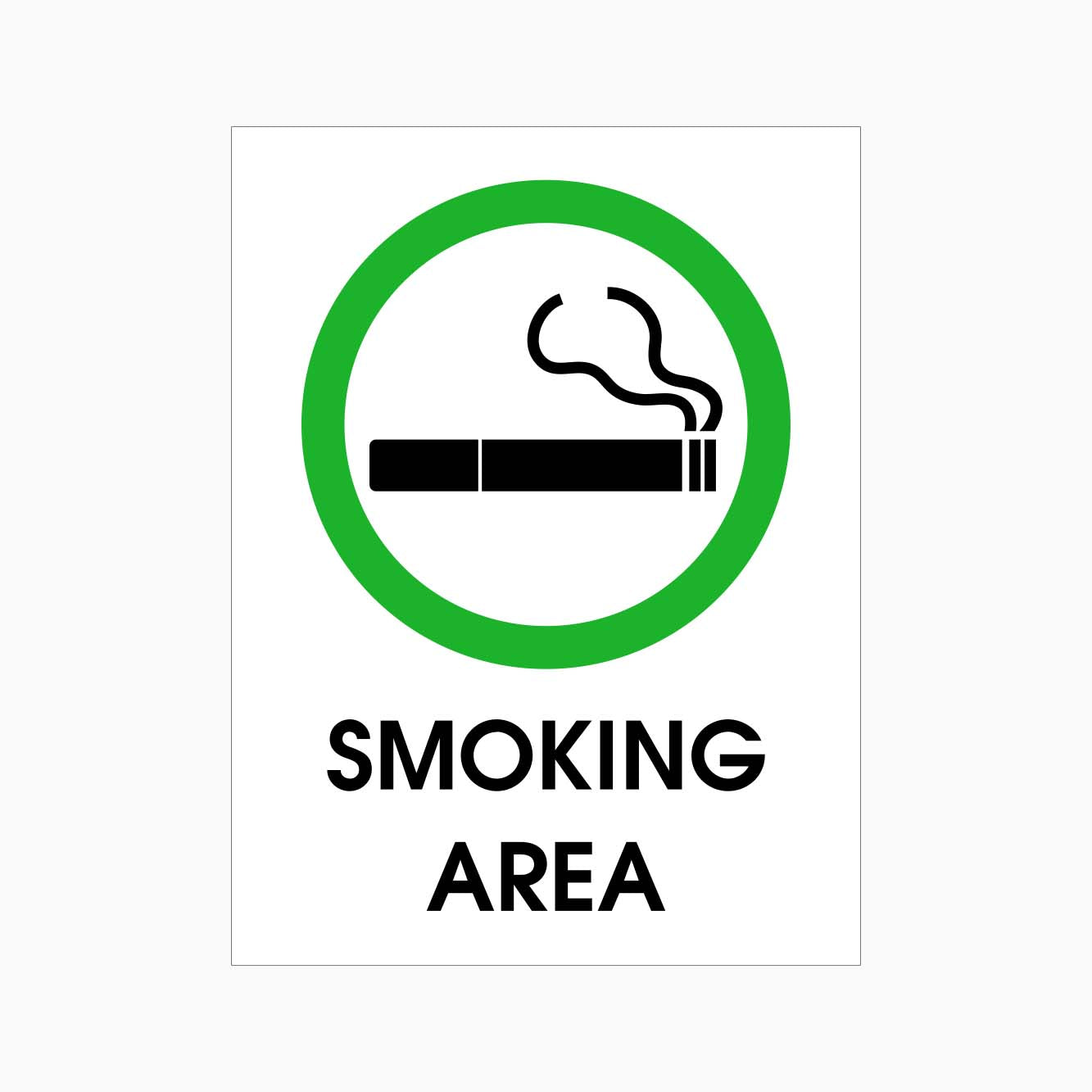 A sign with a green and white color scheme, indicating a smoking area, with a graphic of a cigarette in a red circle and the text 'SMOKING AREA' below it.
