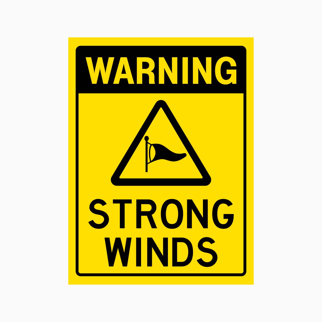 Yellow warning sign with a black triangle and red flag symbol indicating strong winds.