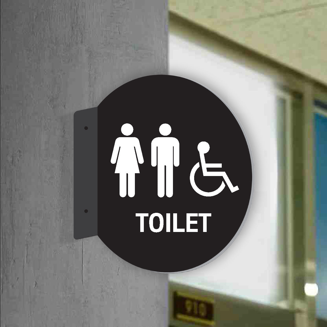 Double Sided Circle Blade Female and Male and Disabled Toilet Sign