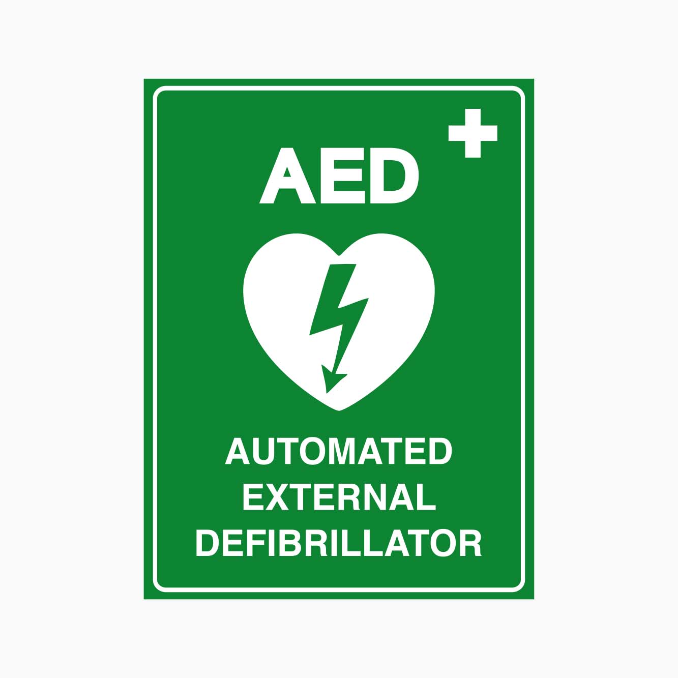 Green sign with AED (Automated External Defibrillator) symbol on a white background