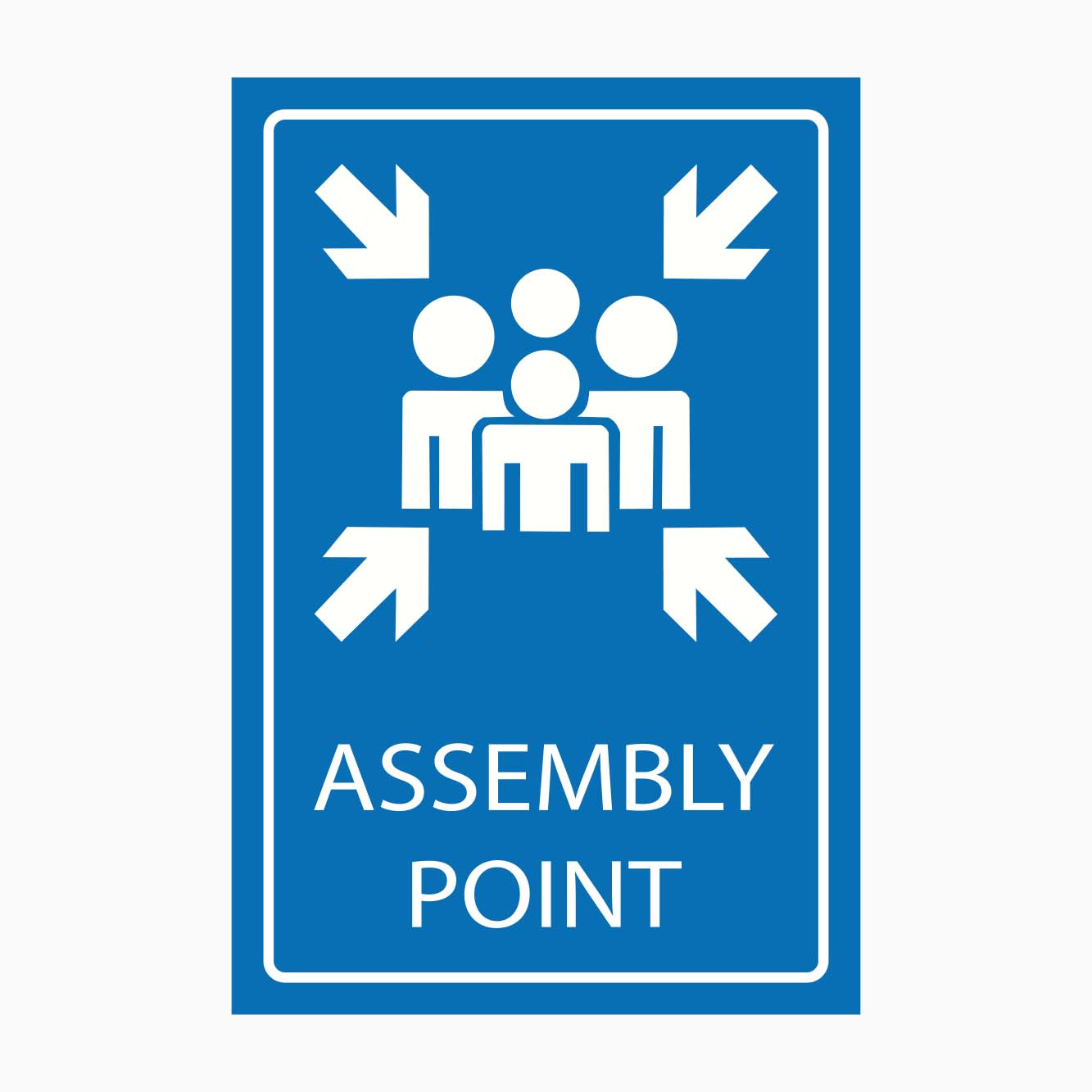 Blue sign with white icons and text indicating an assembly point on a blue background