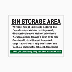 BIN STORAGE AREA RULES SIGN