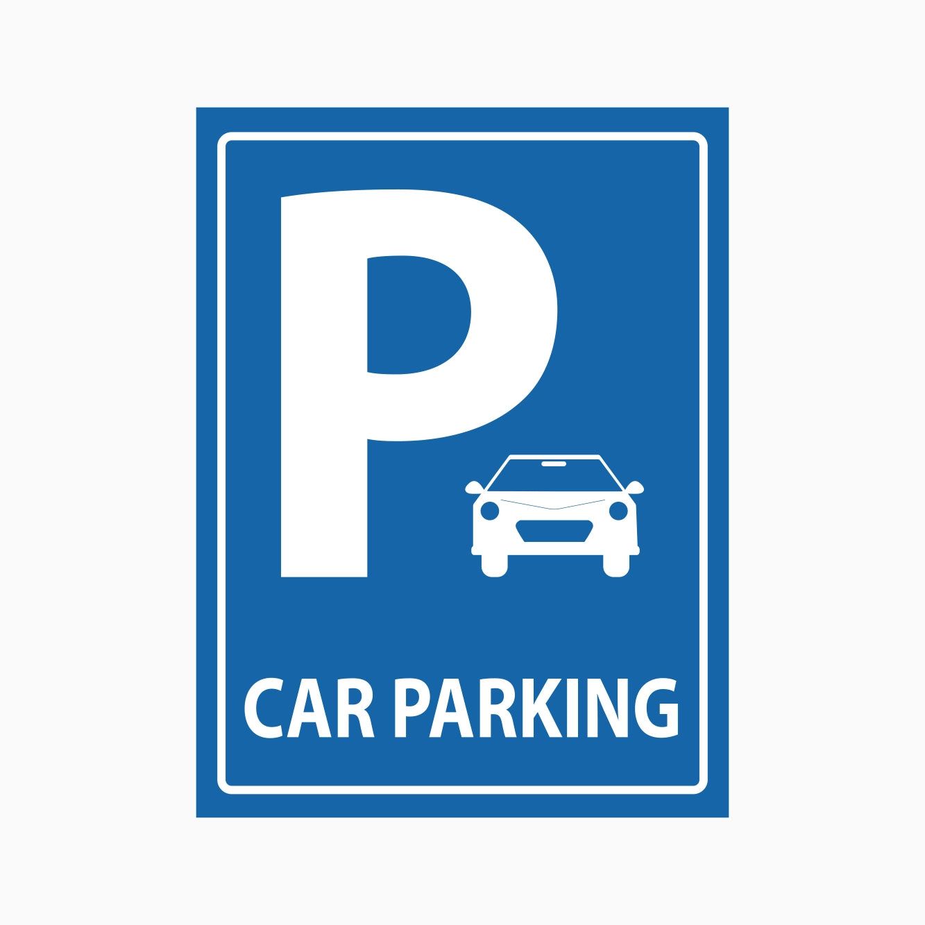 Blue and white parking sign with a car icon on a blue background
