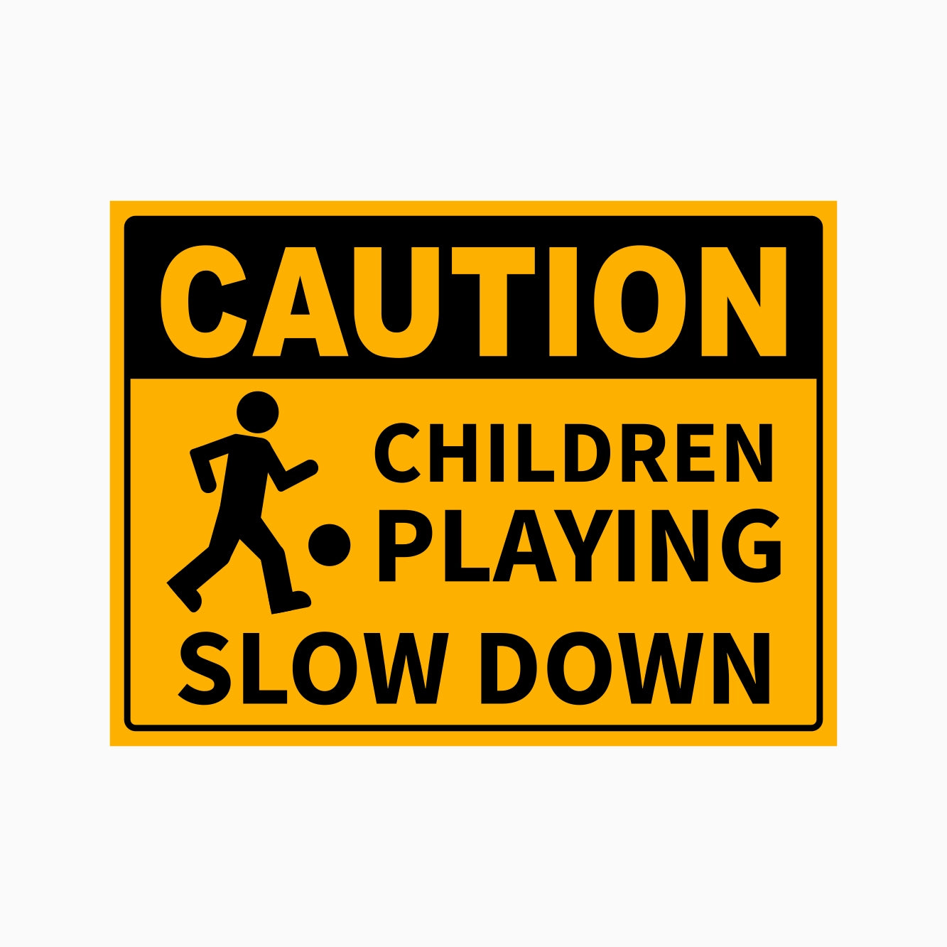 Caution sign with text 'Children Playing Slow Down' on a yellow background