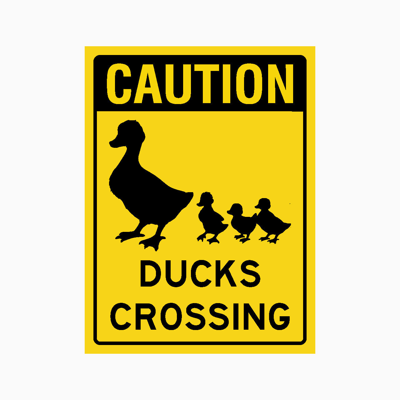 Caution sign with ducks crossing on a yellow background
