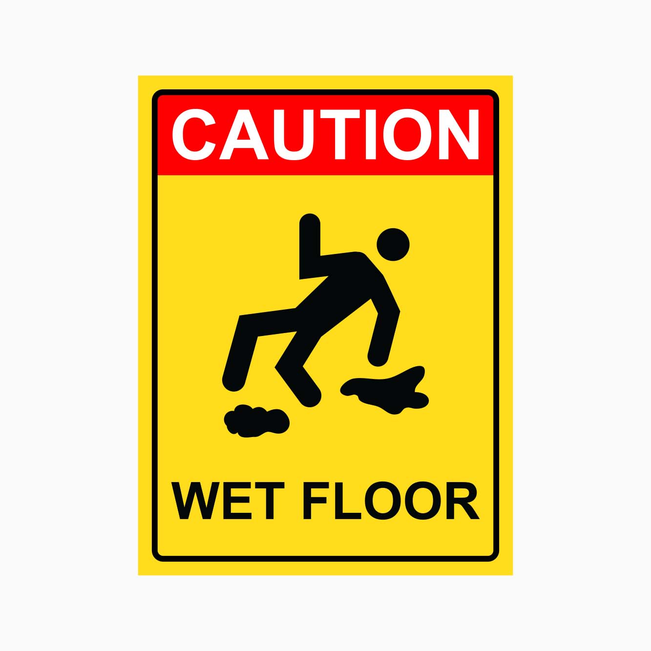 Caution wet floor sign with yellow background, red border, and black icon of a person slipping.