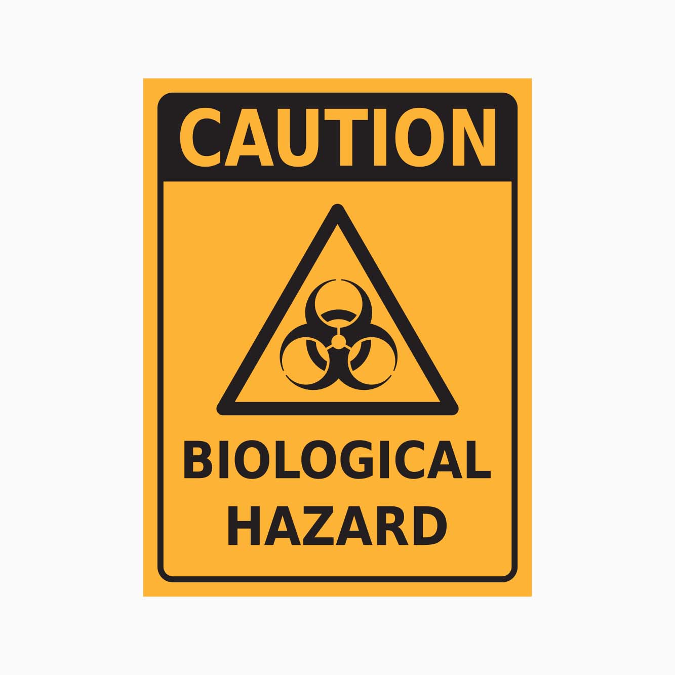 Caution biological hazard sign with yellow background and black text and symbol
