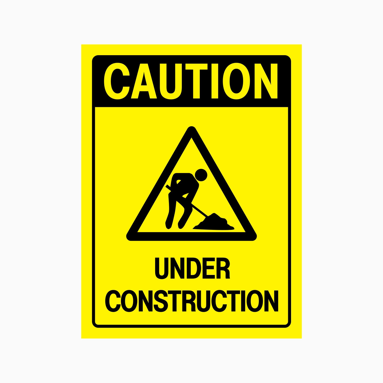 Caution under construction sign with yellow background and black text and symbol