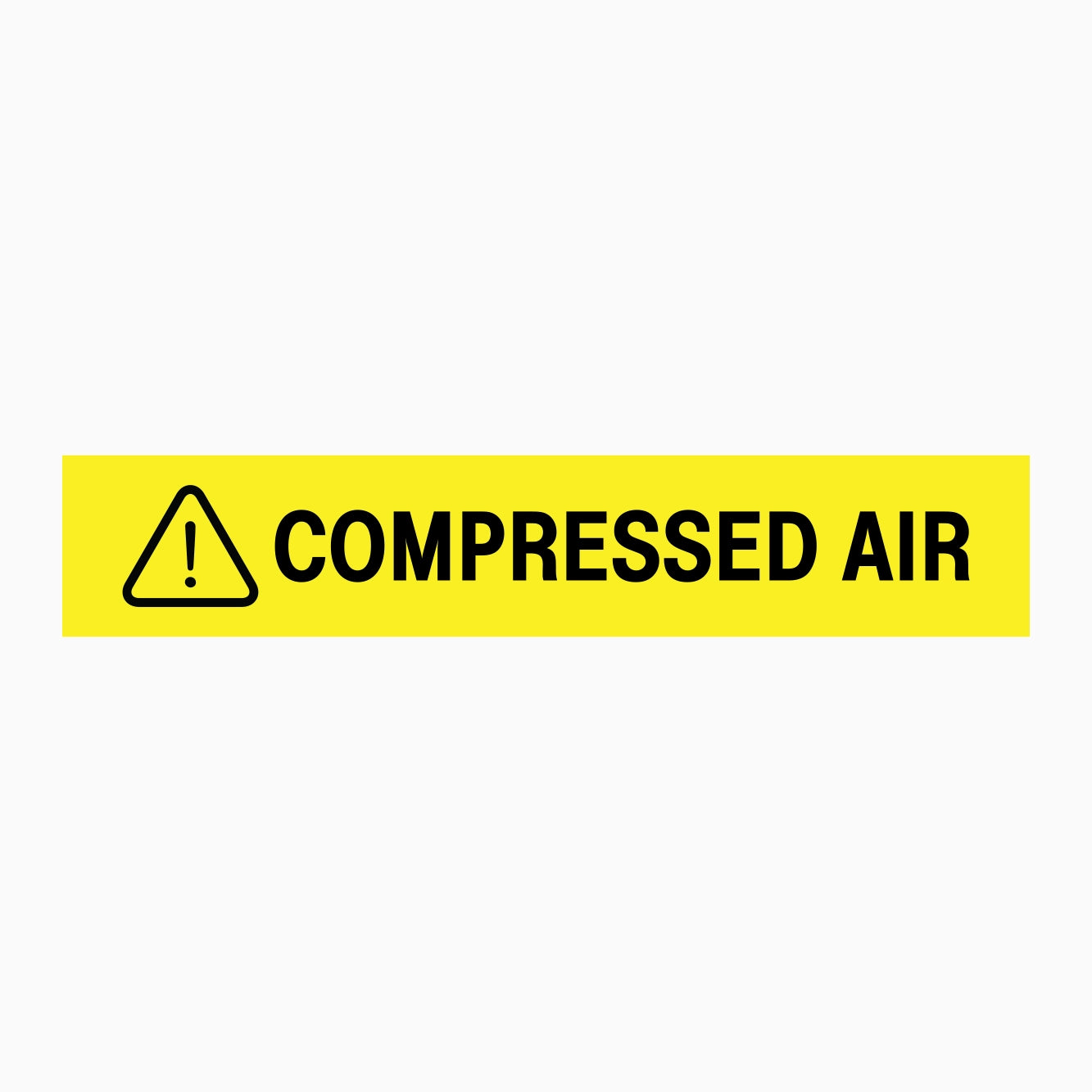 A yellow rectangular warning sign with a black exclamation mark inside a triangle and the text 'COMPRESSED AIR' in bold black letters, shown on a light gray background.