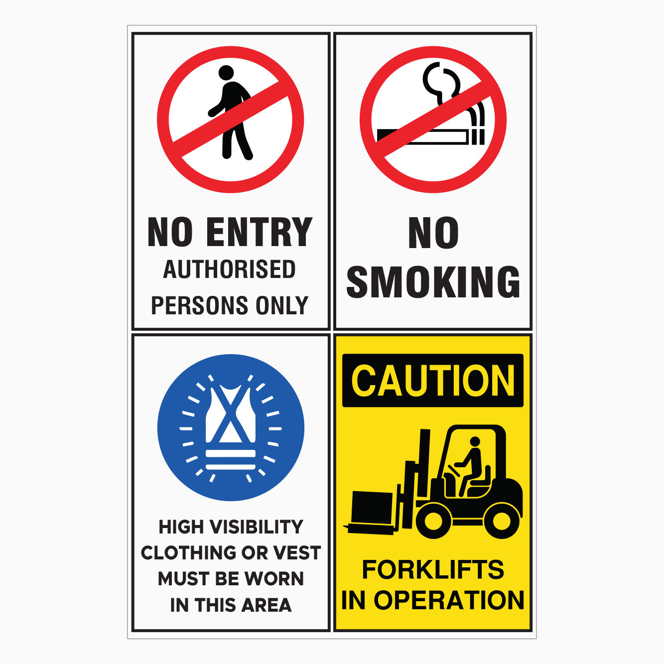 CONSTRUCTION SITE SIGN - WAREHOUSE SAFETY SIGN - NO ENTRY SIGN - NO SMOKING SIGN- HIGH VISIBILITY CLOTHING MUST  BE WORN SIGN - FORKLIFTS IN OPERATION SIGN