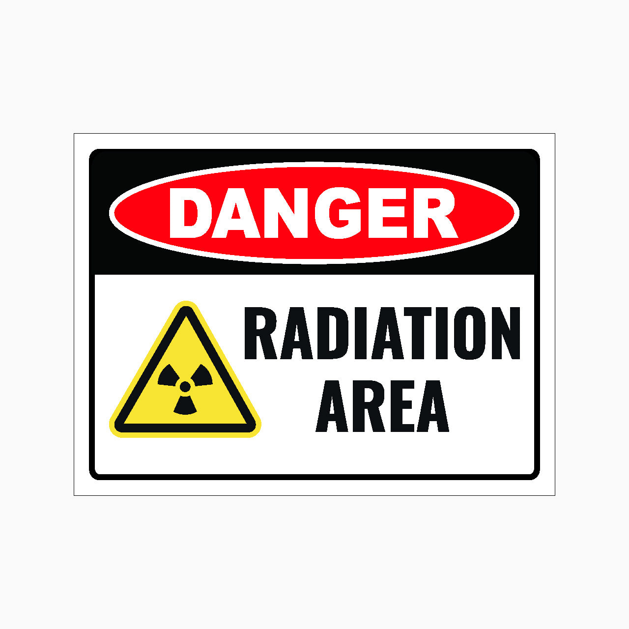 Radiation warning sign with 'DANGER' and 'RADIATION AREA' text on a white background