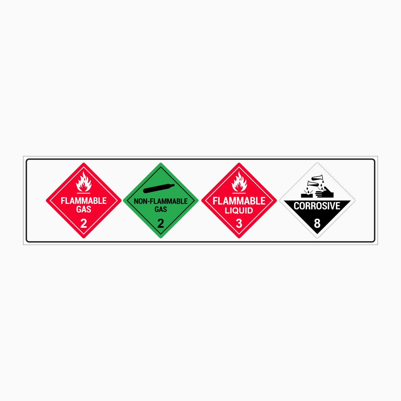 HAZCHEM FOUR SYMBOL SIGN  FLAMMABLE GAS 2- NON FLAMMABLE GAS 2 - FLAMMABLE LIQUID 3 - CORROSIVE 8 SIGN- GET SIGNS