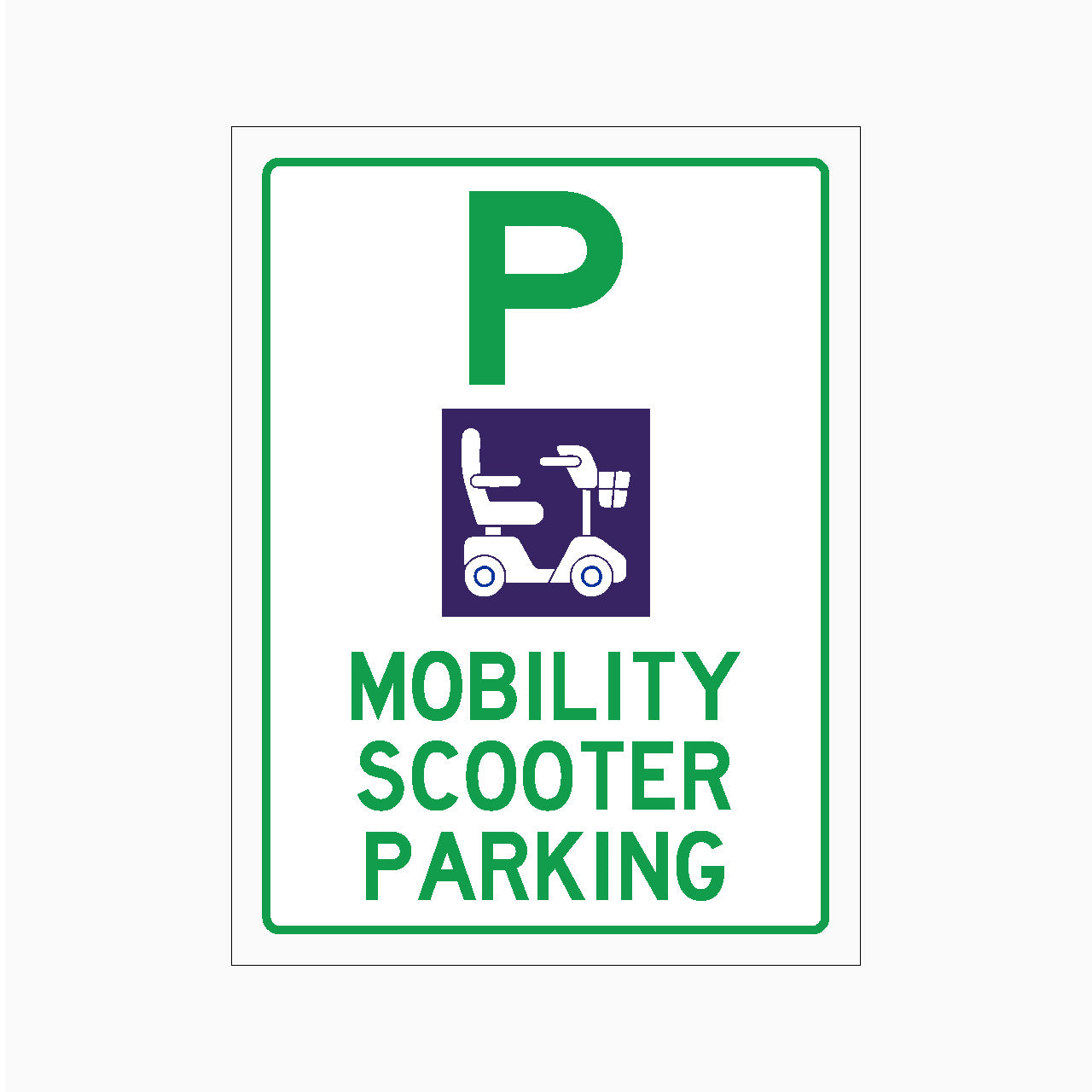 Mobility scooter parking sign with green border and text on a white background