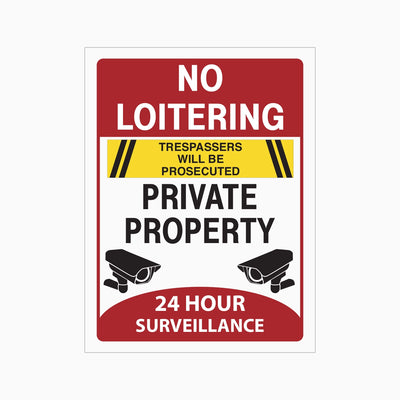 No Loitering – Trespassers Will Be Prosecuted – Private Property – 24 Hour Surveillance Sign