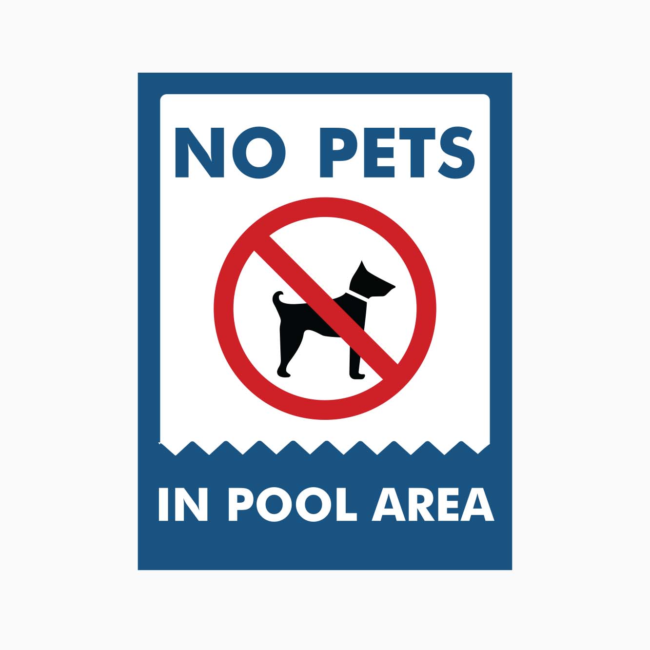 No pets allowed in pool area sign with blue border and red circle with black dog icon.
