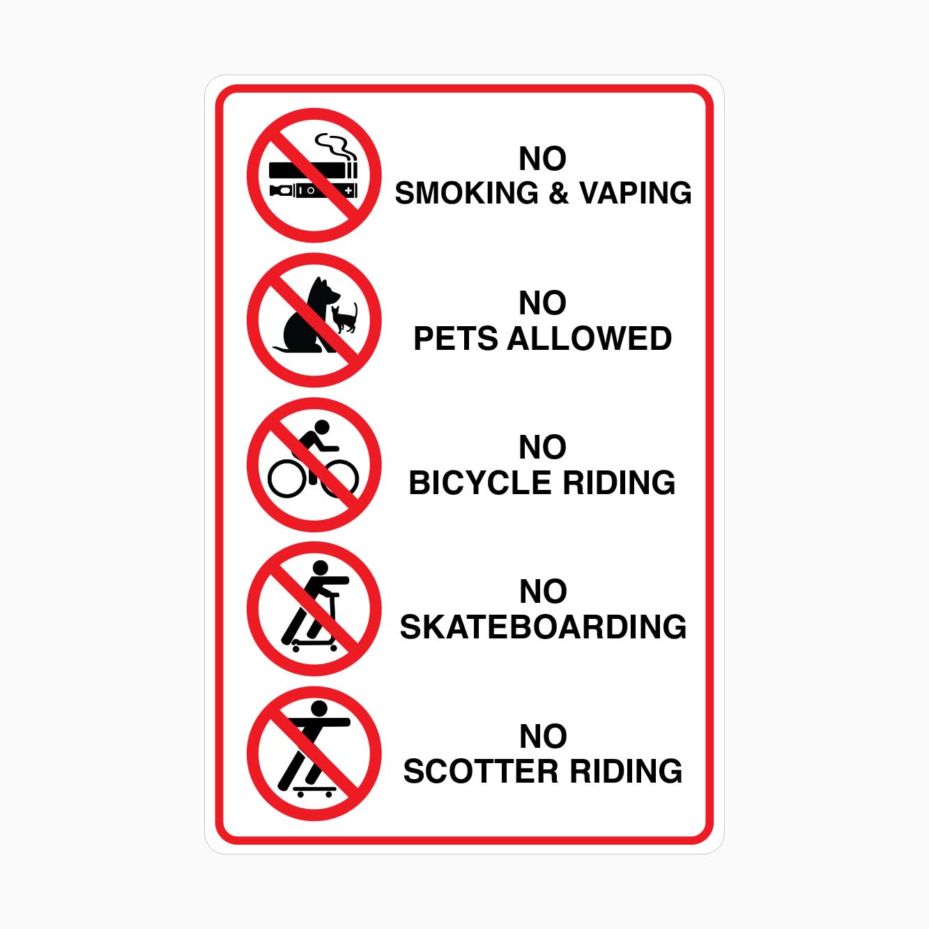 NO SMOKING and VAPING, PETS ALLOWED, BICYCLE RIDING, SKATEBOARDING, SCOTTER RIDING SIGN - GET SIGNS