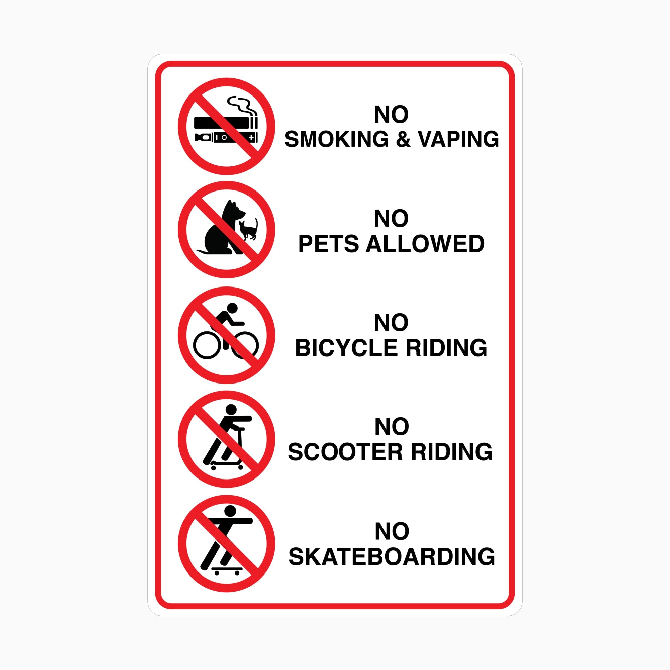 Multilingual no smoking, vaping, pet, bicycle, scooter, and skateboard signs on a white background.