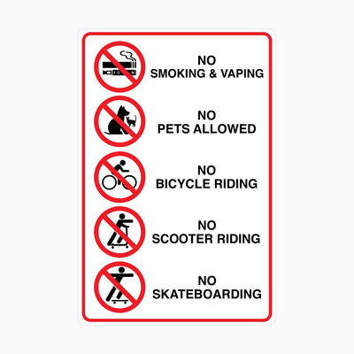 NO SMOKING and VAPING, PETS ALLOWED, BICYCLE RIDING, SKATEBOARDING, SCOOTER RIDING SIGN
