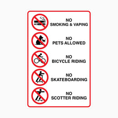 NO SMOKING and VAPING, PETS ALLOWED, BICYCLE RIDING, SKATEBOARDING, SCOTTER RIDING SIGN