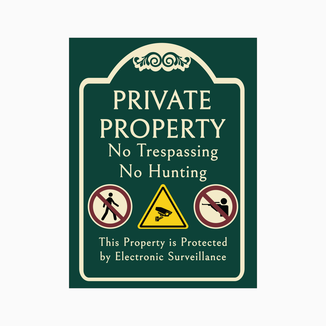 PRIVATE PROPERTY SIGN - NO TRESPASSING - NO HUNTING SIGN - THIS PROPERTY IS PROTECTED BY ELECTRONIC SURVILLANCE SIGN