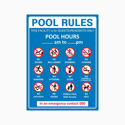 POOL RULES GUESTS AND RESIDENTS ONLY AND POOL HOURS SIGN