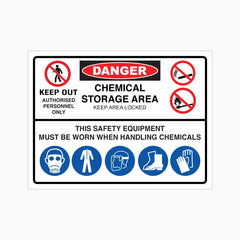 THIS SAFETY EQUIPMENT MUST BE WORN WHEN HANDLING CHEMICALS SIGN