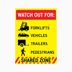 WATCH OUT FOR FORKLIFTS, VEHICLES, TRAILERS, PEDESTRIANS, SHARED ZONE SIGN