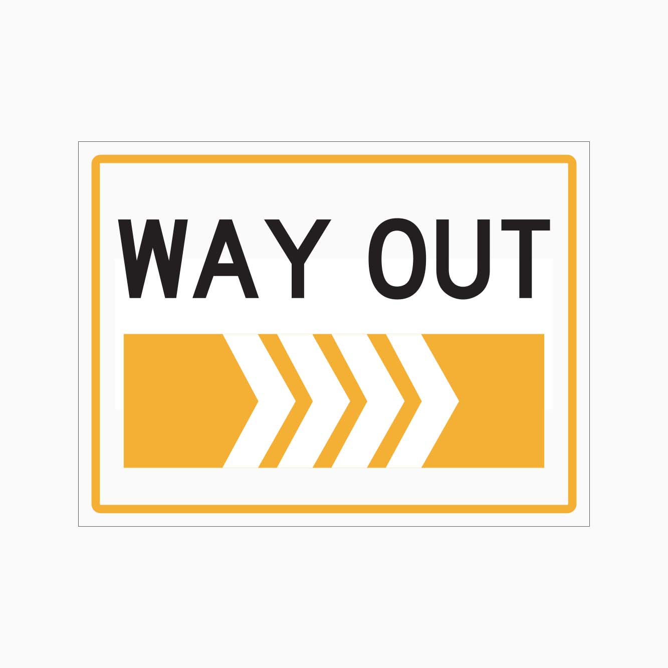 Sign with 'WAY OUT' text and arrows on a white background