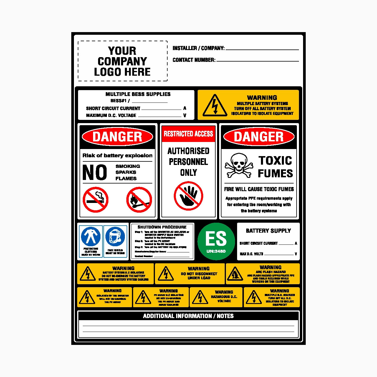 Collection of safety labels and warnings on a white background FOR BATTERY SOLAR