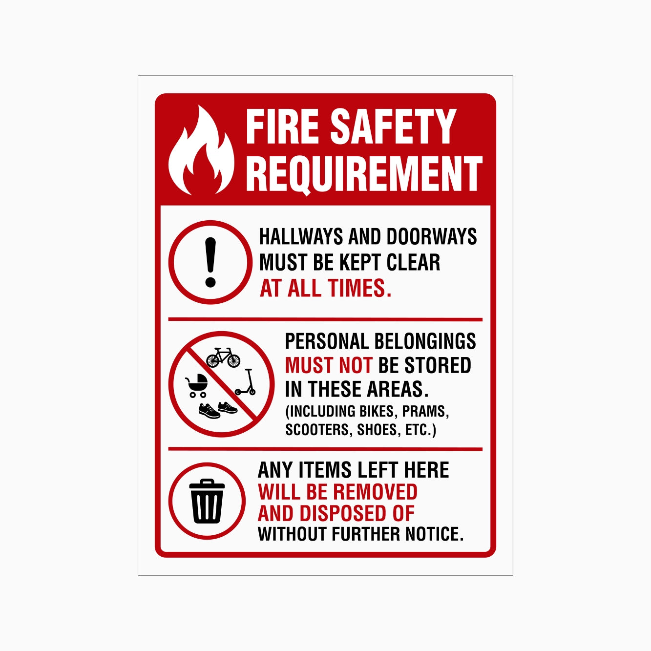 Fire safety requirement sign with text and icons on a white background