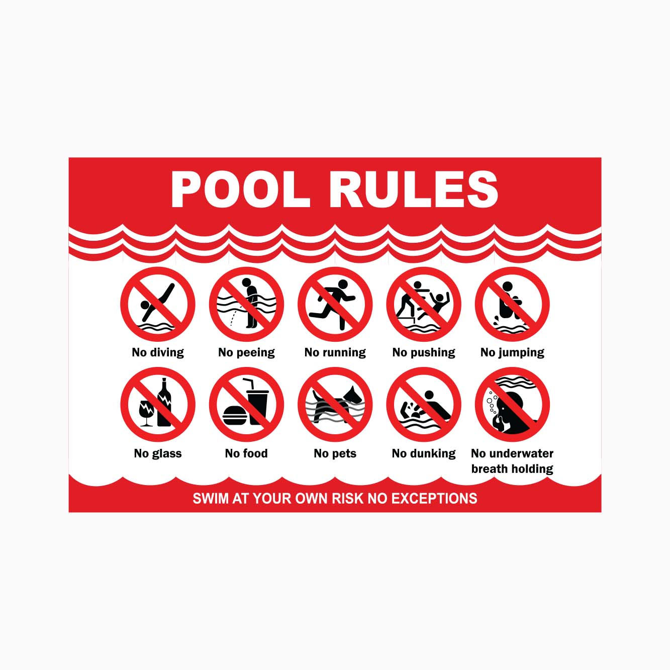 Pool rules sign with various prohibitory symbols on a red and white background