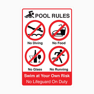 NO DIVING, NO FOOD, NO GLASS, NO RUNNING SIGN (POOL RULES SIGN)