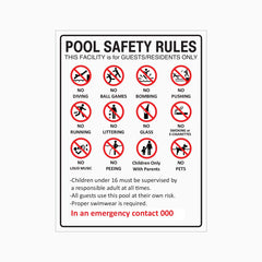 POOL SAFETY RULES SIGN FOR GUESTS AND RESIDENTS ONLY